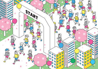 アイソメトリック　走る女性　春　スタート
