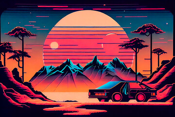 Retro Synthwave Landscape with Bold Colors. Generative AI