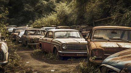 Obraz na płótnie Canvas Rusty relics of the past . Derelict automobiles . AI Generated. . Wrecked and forgotten automobiles . AI Generated