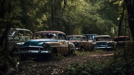 Rusty relics of the past .  Derelict automobiles . AI Generated. .  Wrecked and forgotten automobiles . AI Generated