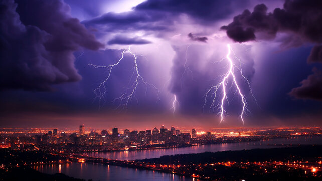 Blitz Gewitter fotorealistische Illustration, Nachtaufnahme eines Blitz während eines Gewitters, KI generiert
