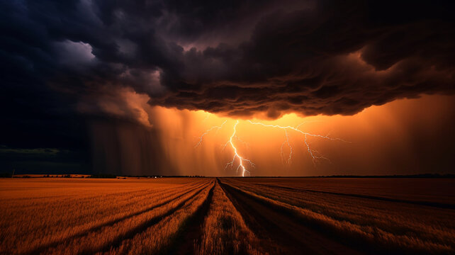 Blitz Gewitter fotorealistische Illustration, Nachtaufnahme eines Blitz w&auml;hrend eines Gewitters, KI generiert
