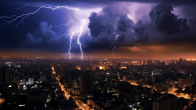 Blitz Gewitter fotorealistische Illustration: Gewitter über einer Stadt, Nachtaufnahme eines Blitz während eines Gewitters, KI generiert