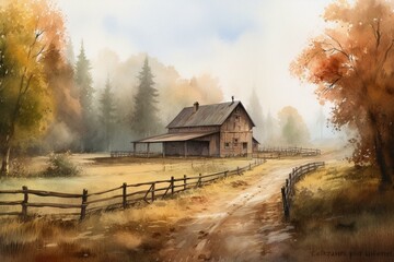 Nature-inspired watercolor illustration portraying a wooden barn and farmhouse, set against a backdrop of a forest landscape. Generative AI