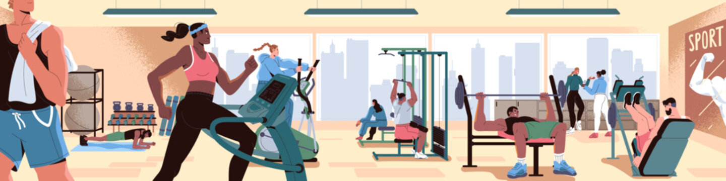 People training in gym. Workout, physical exercises in sport, fitness club with treadmill machines, equipment, panoramic view. Body building and weight lifting activities. Flat vector illustration