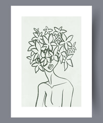 Portrait woman environmental lady wall art print. Contemporary decorative background with lady. Wall artwork for interior design. Printable minimal abstract woman poster.