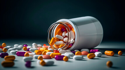 Variety of Medications Spilling out of Blank Pill Bottle.