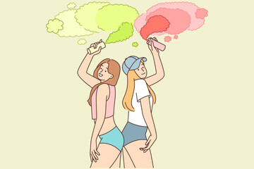 Woman with multi-colored smoke bombs poses in skimpy urban style clothes to draw attention 