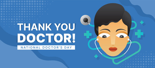 International doctor's day - Thank you doctor text, modern face doctor charecter with stethoscope and cross sign around on blue dot and curve texture background vector design