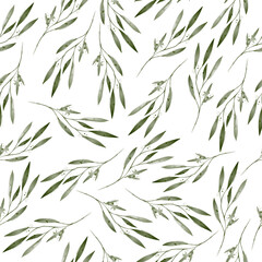 Seamless pattern with watercolor green leaves. Branch with leaves, Greenery, Boho and rustic style, Pattern for the wedding. Delicate herbs.