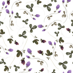 Seamless pattern with watercolor flowers. Clover, shamrock, lucky pattern, rustic and boho style.