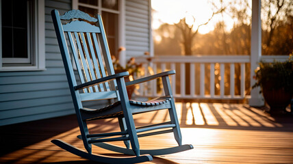 Empty rocking chair on a porch, soft and warm sunlight. - obrazy, fototapety, plakaty