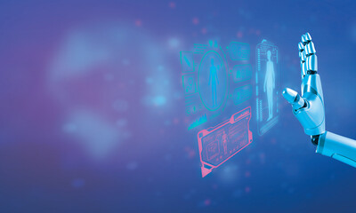 Robot ai hand finger touchscreen blue element technology futurist digital online medical medicine human person datum innovation hospital clinic laboratory business icon science patient pharmacy system