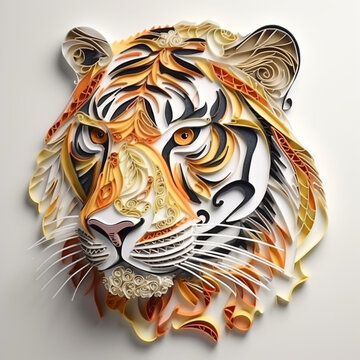 Tiger multi-dimensional origami quilling style illustration, Generative AI