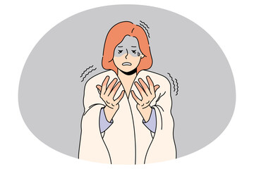 Unhappy woman feel anxious look at red hands suffer from sickness or illness. Upset female with blanket on shoulders have fingers frostbite struggle with cold weather. Vector illustration.