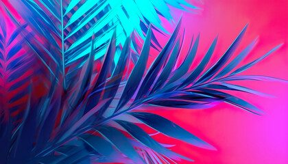 Tropical palm tree and leaves in vibrant color gradient background, summer design trend, generative ai