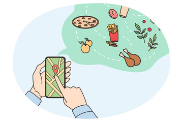 Person hold cellphone order food or products online on gadget. Man use smartphone for fast dish delivery from restaurant or cafe. Good deliver service on mobile app. Flat vector illustration.