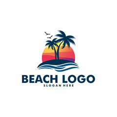 Fototapeta premium Beach logo design Vector, Beach, palm and Sunset vector template