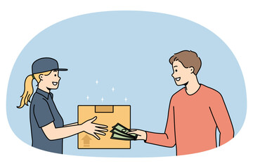 Man client pay cash to female courier delivering package by post. Male customer receive postal parcel order online from postman. Express delivery and shipping concept. Vector illustration.