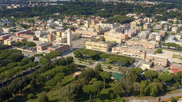 Aerial view of the main square and the civic tower in the historic center of Sabaudia, in the province of Latina, Italy.