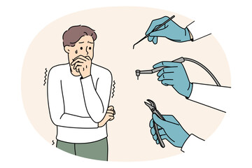 Stressed man scared of dental tools and equipment at dentist appointment. Unhappy guy afraid of teeth fixing distressed of doctor. Dentophobia concept. Flat vector illustration.