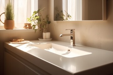 Obraz na płótnie Canvas sunlight interior faucet sink indoor bathroom house design modern luxury counter. Generative AI.
