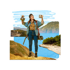 Happy, young, smiling girl holding kettle and cap, travelling, hiking, camping on warm summer day. Contemporary art collage. Concept of travelling, tourism, vacation and creativity. Poster. Ad