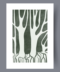 Landscape forest mysterious trees wall art print. Contemporary decorative background with trees. Wall artwork for interior design. Printable minimal abstract forest poster.