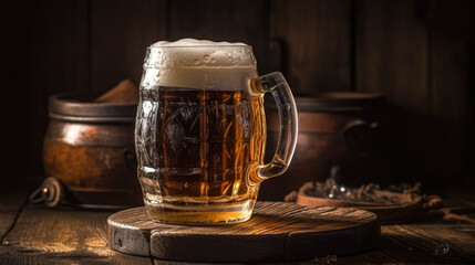 Mug of beer with wheat, barley and barrels on background. Still life. Copy space. Ai generated