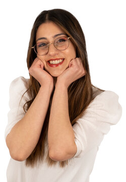 Pretty woman, portrait of excited smiling pretty woman. Lovely girl enjoying life. Isolated transparent, png image. Sweet charming girl  dressed casual pullover arms chin smiling. 