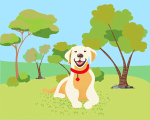 Golden Retriever hides in the bushes and peeps. Advertising banner, poster with Labrador for web, cafes, hotels. Pets are welcome. The dog lies on the grass in the park.. Pet-friendly place for animal