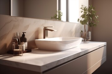 Obraz na płótnie Canvas interior design sink modern house bathe bathroom luxury sunlight counter faucet. Generative AI.