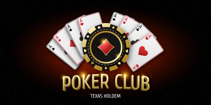 Illustration with text Poker Club. Realistic playing chip with diamond suit, gambling tokens. Fans of playing cards ace of all suits. Gambling banner for web application or site.  illustration.