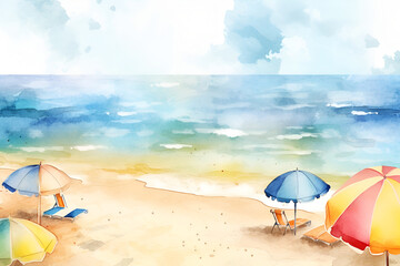 Watercolor Illustration of a summer beach with chaise-longues and sun umbrellas. Generated AI