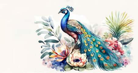 Fototapeta premium Peacock in aquarelle style, watercolor illustration, ai generated