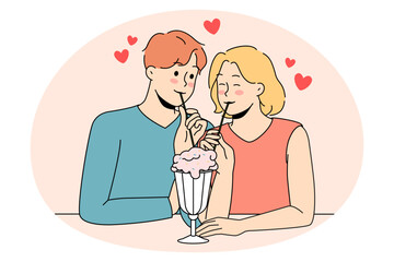 Happy young couple in love sit at table have milkshake together. Smiling man and woman enjoy romantic date together in cafe. Eating out. Relationships concept. Vector illustration.
