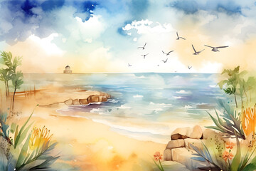 Fototapeta na wymiar Watercolor illustration of a wild summer beach with flying birds. Generated AI