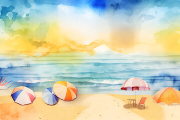 Fototapeta na wymiar Watercolor Illustration of a summer beach with sun umbrellas. Generated AI