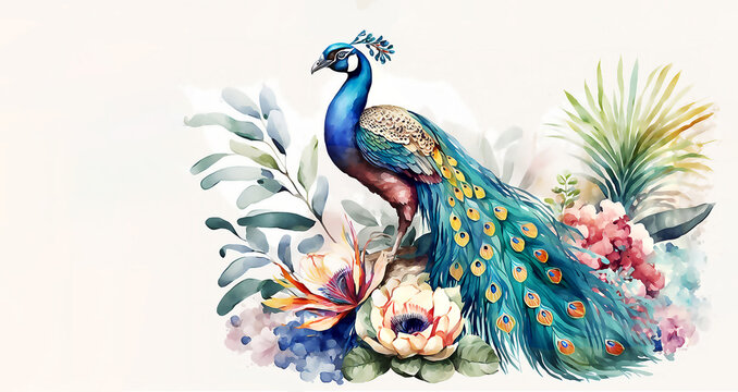 Peacock in aquarelle style, watercolor illustration, ai generated