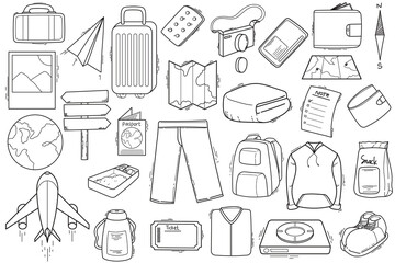 Set of hand-drawn doodle illustrations of travel
