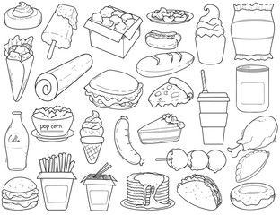 Set of hand-drawn doodle illustrations of fast food