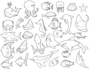 Set of hand-drawn doodle illustrations of animal undersea