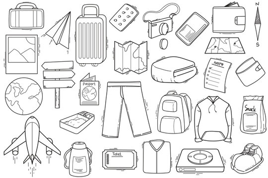 Set of hand-drawn doodle illustrations of travel