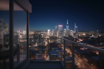 Fototapeta na wymiar Glimpse of Nashville's downtown skyline from high rise with mockup wall. Expensive real estate, night view, 3D rendering. Generative AI