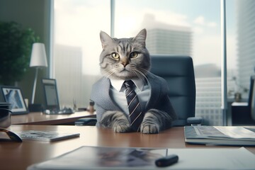 Cute cat in business suit outfits in the office. Created with Generative AI technology.