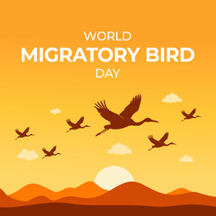 Illustration Vector of World Migratory Bird Day with Silhouette Mountain on Sunset Perfect for Social Media Post, Poster, Banner, Greeting Card, etc
