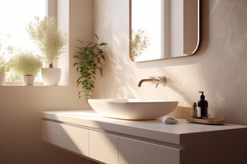 Fototapeta premium counter marble modern sunlight sink faucet interior luxury house bathroom design. Generative AI.
