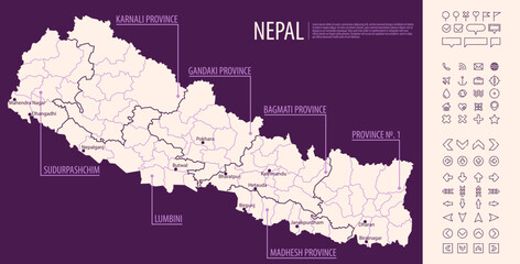 Detailed map of Nepal with administrative divisions on dark background, country big cities and icons set, vector illustration