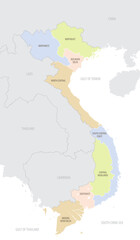 Detailed map of Vietnam with administrative divisions and borders of neighboring countries, vector illustration on white background