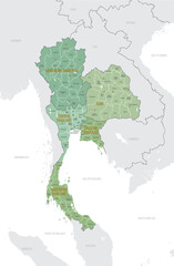 Detailed map of Thailand with administrative divisions into regions and provinces, major cities of the country, vector illustration onwhite background